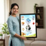 A smiling woman holding a personalized baby birth details classic photo frame design 008 by upahar18 inside a beautifully decorated home living room