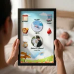 Close up real life shot of hands holding upahar18 personalized baby birth details classic photo frame design 008 with a blurred newborn baby sleeping in bed in the background