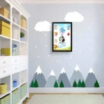 Upahar18 personalized baby birth details classic photo frame design 008 hanging on a light blue nursery wall with mountain and cloud wall stickers
