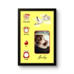 Personalized baby birth details classic photo frame with flying stork bird carrying a newborn illustration on soft yellow background upahar18