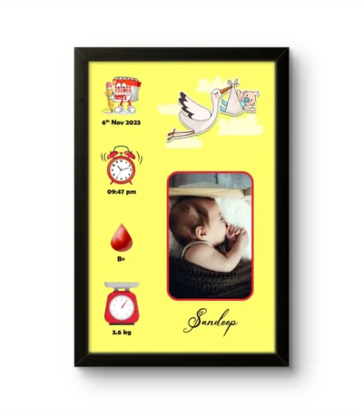 Personalized baby birth details classic photo frame with flying stork bird carrying a newborn illustration on soft yellow background upahar18