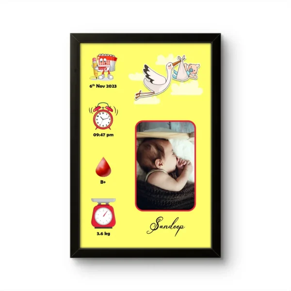 Personalized baby birth details classic photo frame with flying stork bird carrying a newborn illustration on soft yellow background upahar18