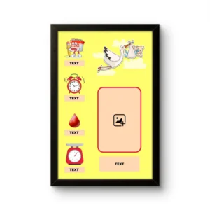 Customized baby birth details classic photo frame blank yellow layout stork bird theme customizable template upahar18