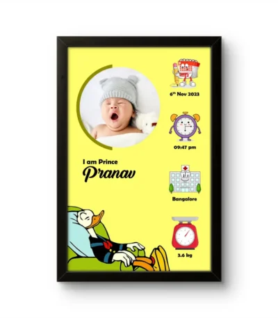 Personalized baby birth details classic photo frame with sleeping donald duck cartoon character on yellow background upahar18