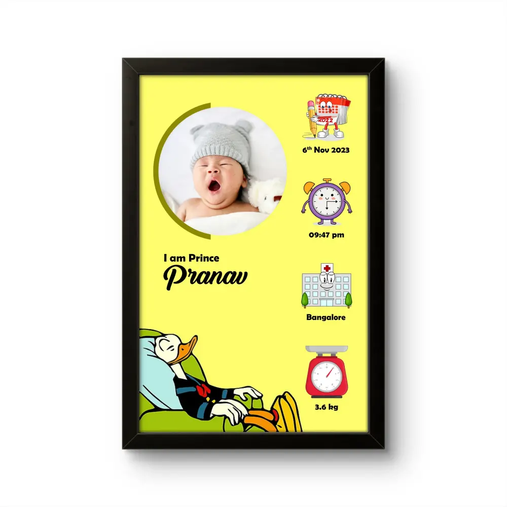 Personalized baby birth details classic photo frame with sleeping donald duck cartoon character on yellow background upahar18