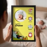 Close up real life shot of hands holding upahar18 personalized baby birth details classic photo frame design 010 with a blurred newborn baby sleeping in bed in the background