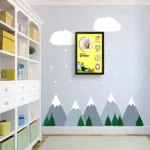Upahar18 personalized baby birth details classic photo frame design 010 hanging on a light blue nursery wall with mountain and cloud wall stickers