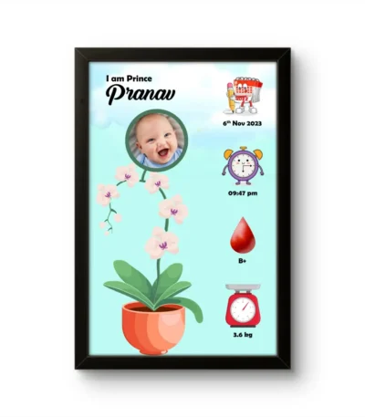 Personalized baby birth details classic photo frame with orchid flower pot illustration on light cyan background upahar18