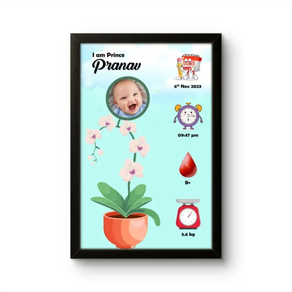 Personalized baby birth details classic photo frame with orchid flower pot illustration on light cyan background upahar18