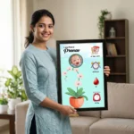 A smiling woman holding a personalized baby birth details classic photo frame design 011 by upahar18 inside a beautifully decorated home living room