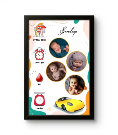 Personalized baby birth details classic photo frame collage with 4 circular photo slots and yellow sports car graphics by upahar18