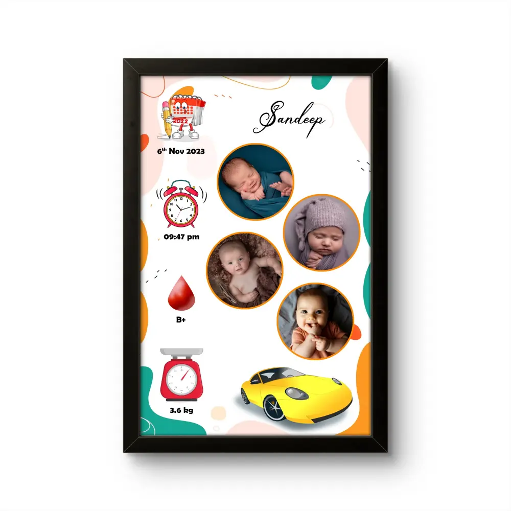 Personalized baby birth details classic photo frame collage with 4 circular photo slots and yellow sports car graphics by upahar18