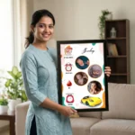 A smiling woman holding a personalized baby birth details classic photo frame design 012 by upahar18 inside a beautifully decorated home living room