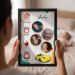 Close up real life shot of hands holding upahar18 personalized baby birth details classic photo frame design 012 with a blurred newborn baby sleeping in bed in the background