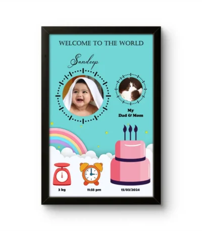 Personalized baby birth details classic photo frame with clock dial photo border welcome to the world text and birthday cake graphics upahar18