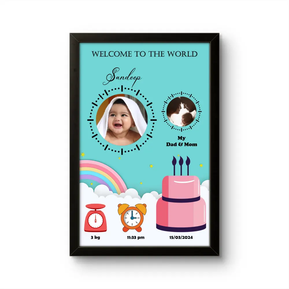 Personalized baby birth details classic photo frame with clock dial photo border welcome to the world text and birthday cake graphics upahar18