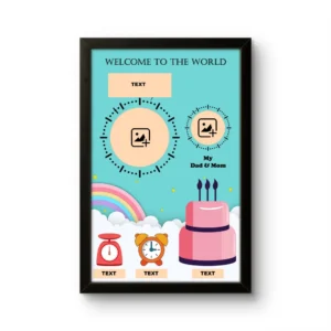 Customized baby birth details classic photo frame blank clock theme layout customizable template teal background upahar18