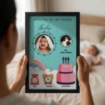 Close up real life shot of hands holding upahar18 personalized baby birth details classic photo frame design 013 with a blurred newborn baby sleeping in bed in the background