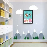 Upahar18 personalized baby birth details classic photo frame design 013 hanging on a light blue nursery wall with mountain and cloud wall stickers