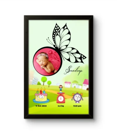 Personalized baby birth details classic photo frame with artistic butterfly wing design and cute village landscape cartoons upahar18