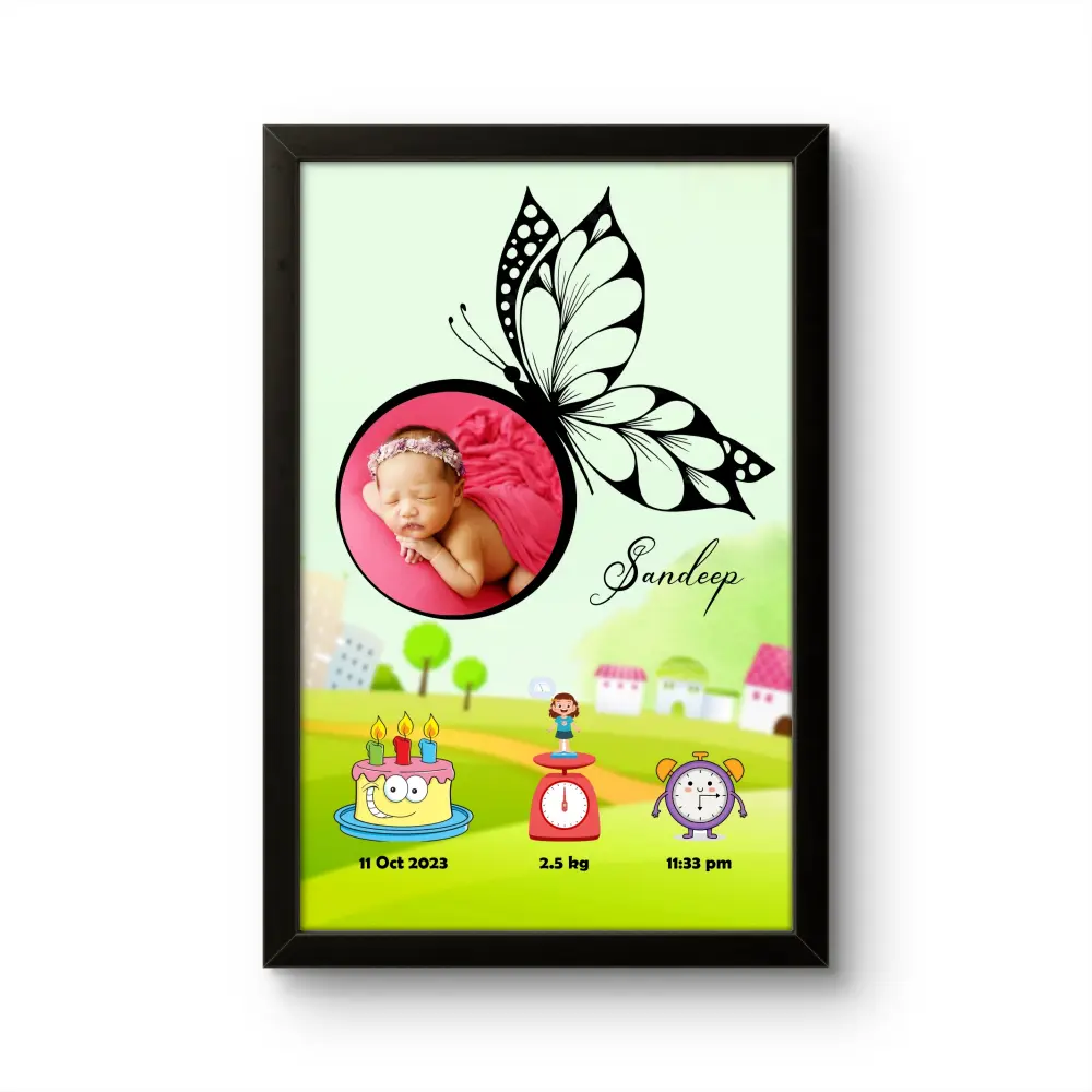 Personalized baby birth details classic photo frame with artistic butterfly wing design and cute village landscape cartoons upahar18