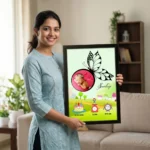 A smiling woman holding a personalized baby birth details classic photo frame design 014 by upahar18 inside a beautifully decorated home living room