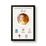 Personalized baby birth details classic photo frame with cute safari animal pattern background and welcome to the world quote upahar18