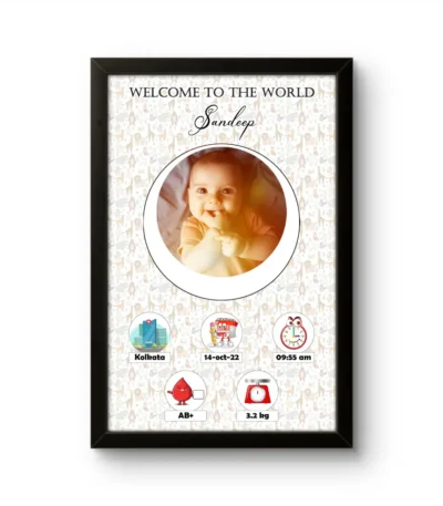 Personalized baby birth details classic photo frame with cute safari animal pattern background and welcome to the world quote upahar18