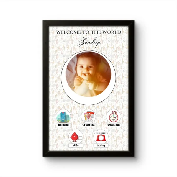 Personalized baby birth details classic photo frame with cute safari animal pattern background and welcome to the world quote upahar18
