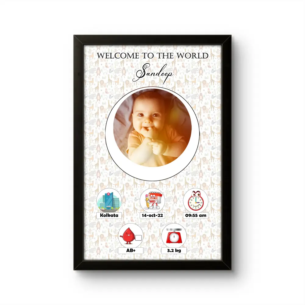 Personalized baby birth details classic photo frame with cute safari animal pattern background and welcome to the world quote upahar18