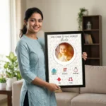 A smiling woman holding a personalized baby birth details classic photo frame design 015 by upahar18 inside a beautifully decorated home living room