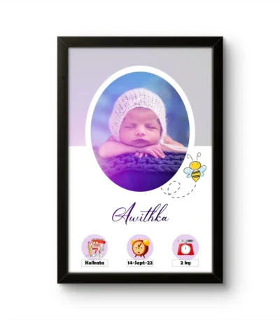 Personalized baby birth details classic photo frame with large oval layout and cute flying bumblebee cartoon on purple background upahar18