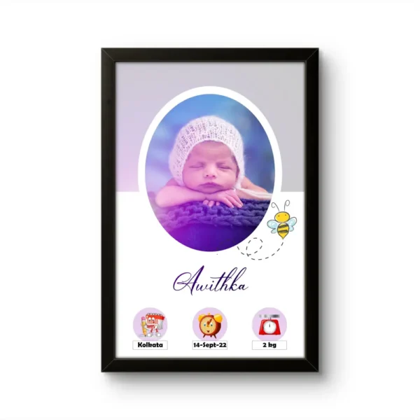 Personalized baby birth details classic photo frame with large oval layout and cute flying bumblebee cartoon on purple background upahar18