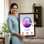 A smiling woman holding a personalized baby birth details classic photo frame design 016 by upahar18 inside a beautifully decorated home living room