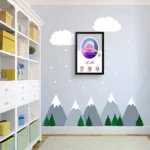 Upahar18 personalized baby birth details classic photo frame design 016 hanging on a light blue nursery wall with mountain and cloud wall stickers