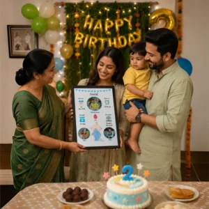 Happy Indian family celebrating baby boy second birthday with cake balloons decoration holding upahar18 personalized baby birth details classic photo frame