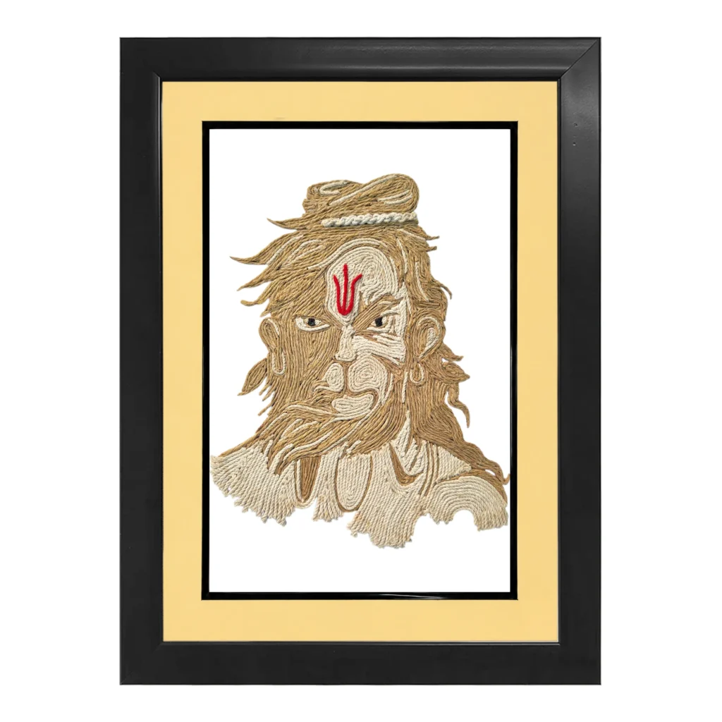 Upahar18 Bajrangbali Rope Craft Portrait Frame styled in a luxury double-layered frame featuring a soft cream inner mount border and a sturdy black outer frame.
