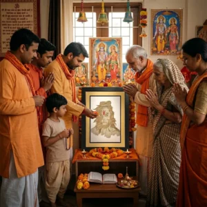 Upahar18 Bajrangbali Rope Craft Portrait Frame placed on a decorated altar while a traditional Indian family prays together with folded hands during a religious ritual.