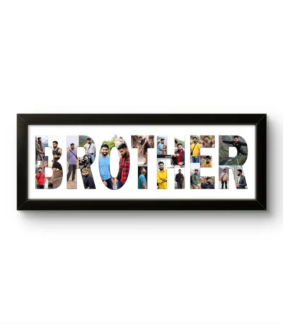 A personalized black rectangular Upahar18 Brother Photo Frame featuring the word BROTHER in large bold letters filled with a collage of multiple photos of a young man, presented on a clean white background.
