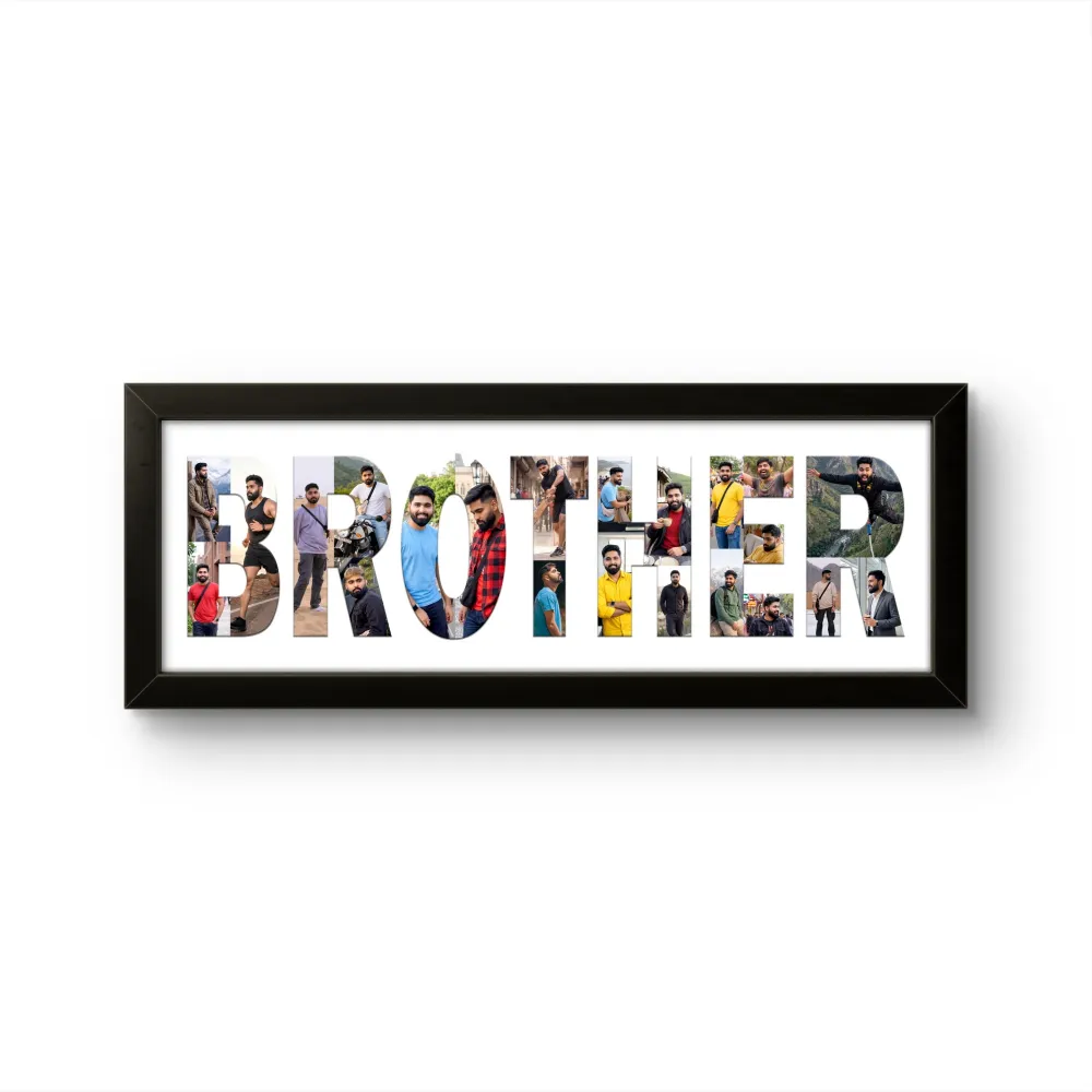A personalized black rectangular Upahar18 Brother Photo Frame featuring the word BROTHER in large bold letters filled with a collage of multiple photos of a young man, presented on a clean white background.
