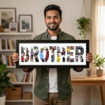 A smiling young man holding a large black rectangular Upahar18 Brother Photo Frame displaying the word BROTHER filled with a colorful photo collage, standing in a well-lit room.