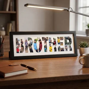 A black rectangular Upahar18 Brother Photo Frame displaying a custom photo collage inside the word BROTHER, neatly placed on a wooden study table next to a notebook, pen, and desk lamp.