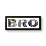 A personalized black rectangular Upahar18 Brother Photo Frame showcasing a high-quality print where the word BRO is designed with a collage of multiple photos of a young man on a solid white background.