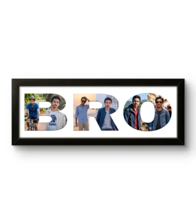 A personalized black rectangular Upahar18 Brother Photo Frame showcasing a high-quality print where the word BRO is designed with a collage of multiple photos of a young man on a solid white background.