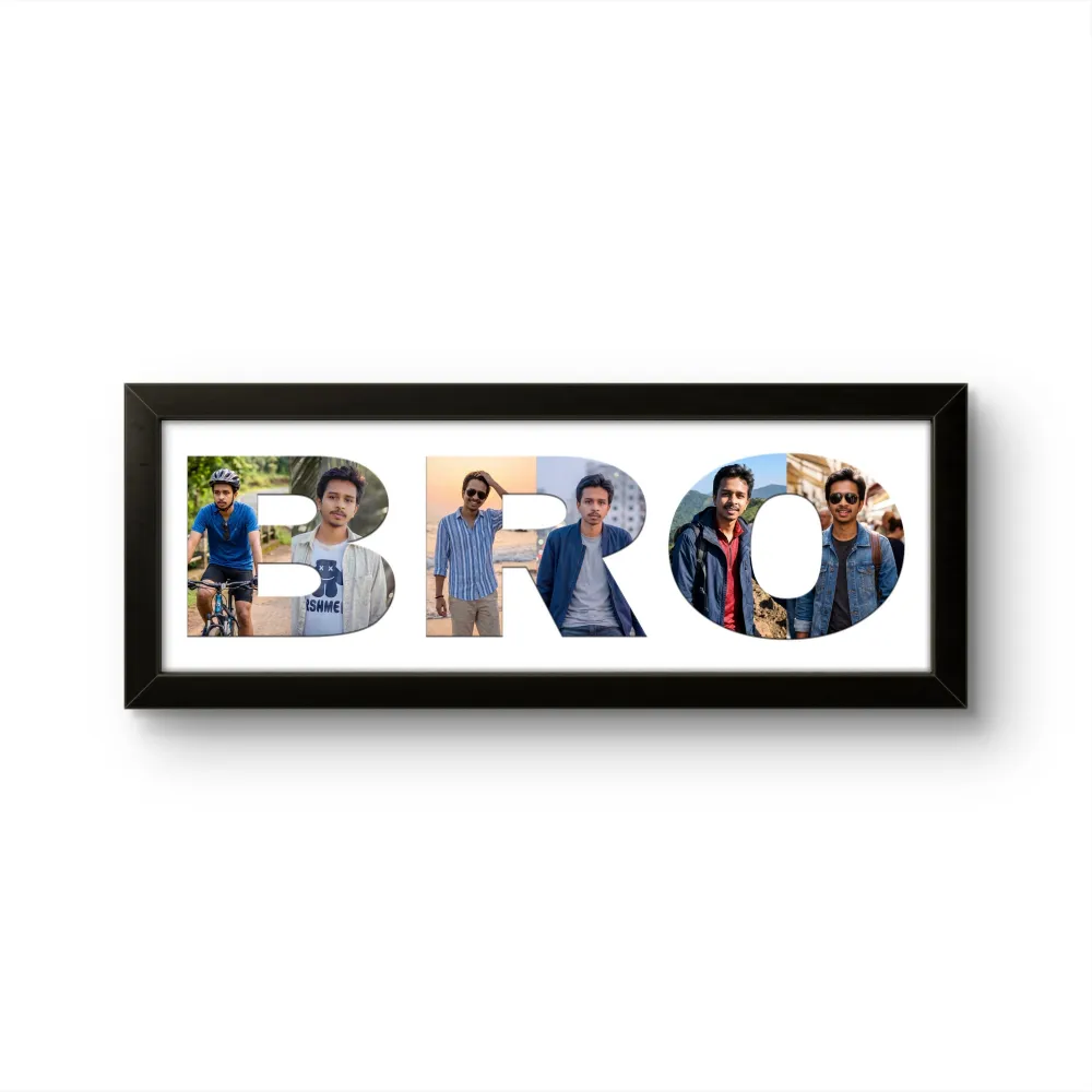 A personalized black rectangular Upahar18 Brother Photo Frame showcasing a high-quality print where the word BRO is designed with a collage of multiple photos of a young man on a solid white background.