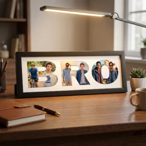 A classic black rectangular Upahar18 Brother Photo Frame displaying a custom photo collage inside the word BRO, neatly placed on a wooden desk next to a pen, notebook, and desk lamp.