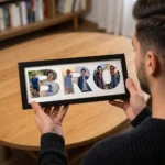 An over-the-shoulder view of a person holding a black classic Upahar18 Brother Photo Frame showcasing a vibrant custom printed photo collage inside the text BRO, with a wooden table in the background.