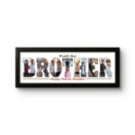 A personalized black rectangular Upahar18 Brother Photo Frame displaying a classic printed layout with the word BROTHER filled with a collage of multiple photos, featuring the text World's Best on top and Happy Raksha Bandhan at the bottom on a solid white background.