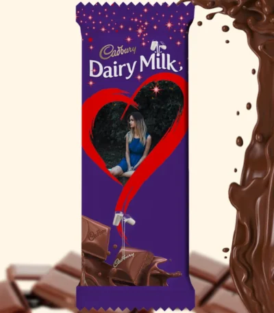 A customized Cadbury Dairy Milk chocolate bar from upahar18 featuring a personalized photo printed inside a large red heart design on a purple wrapper.