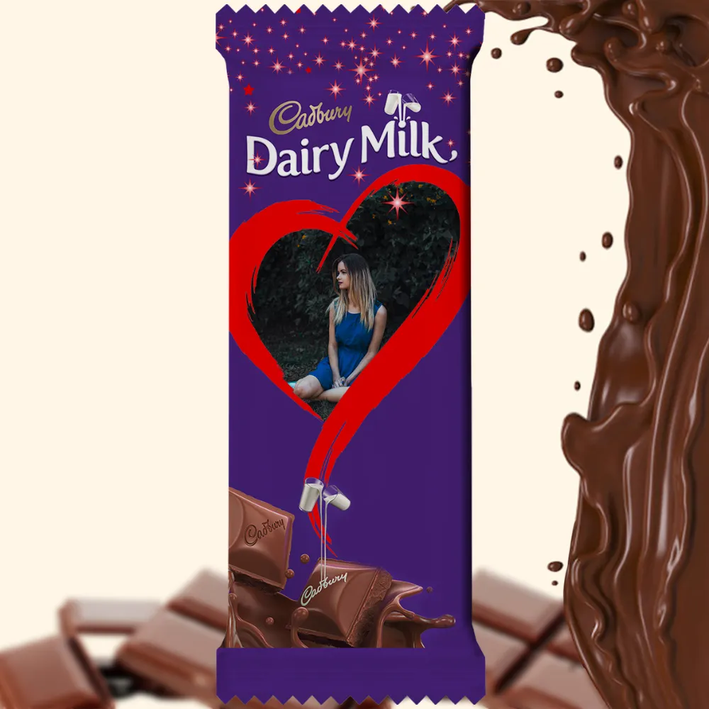 A customized Cadbury Dairy Milk chocolate bar from upahar18 featuring a personalized photo printed inside a large red heart design on a purple wrapper.